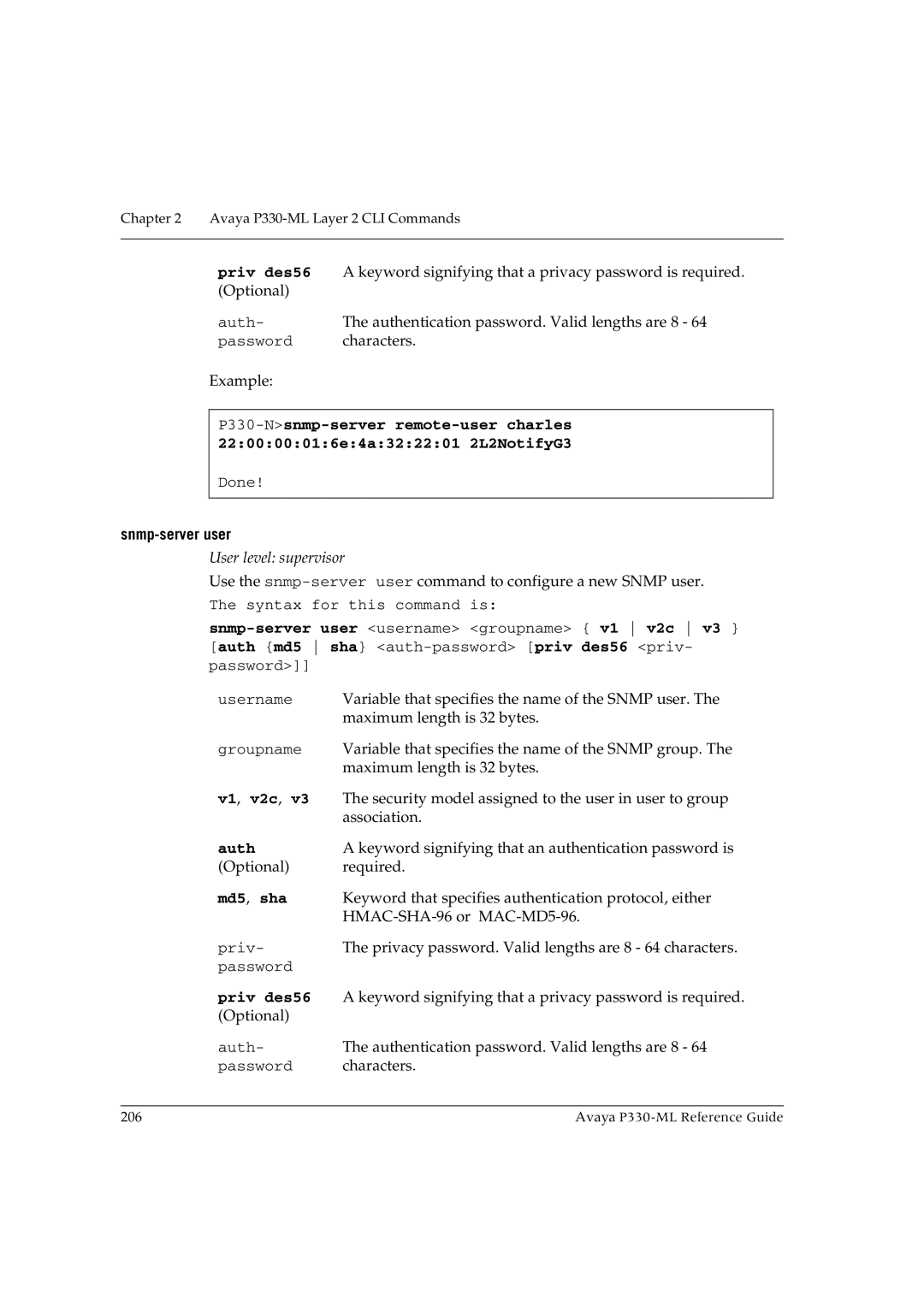 Avaya P330-ML-ML manual Priv des56, Snmp-server user 