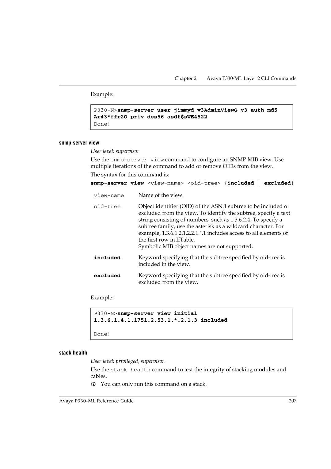 Avaya P330-ML-ML manual Snmp-server view view-nameoid-tree included excluded, Stack health 