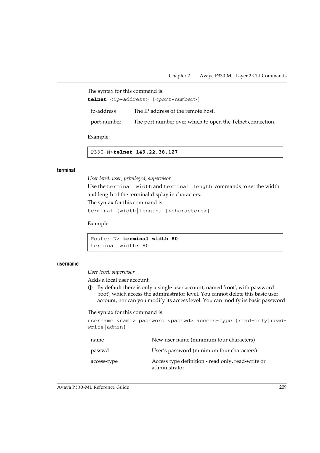 Avaya P330-ML-ML manual P330-Ntelnet, Terminal, Router-Nterminal width, Username 