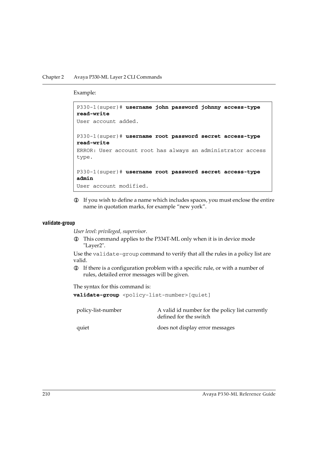 Avaya P330-ML-ML manual P330-1super#username root password secret access-type admin, Validate-group 