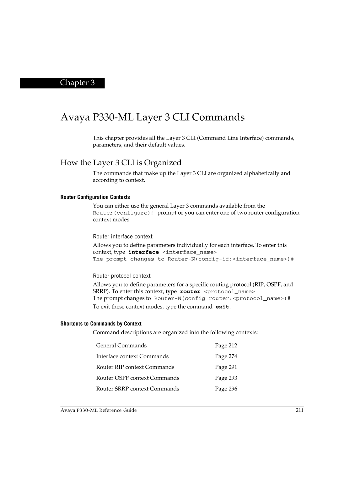 Avaya P330-ML-ML manual Router Configuration Contexts, Shortcuts to Commands by Context 