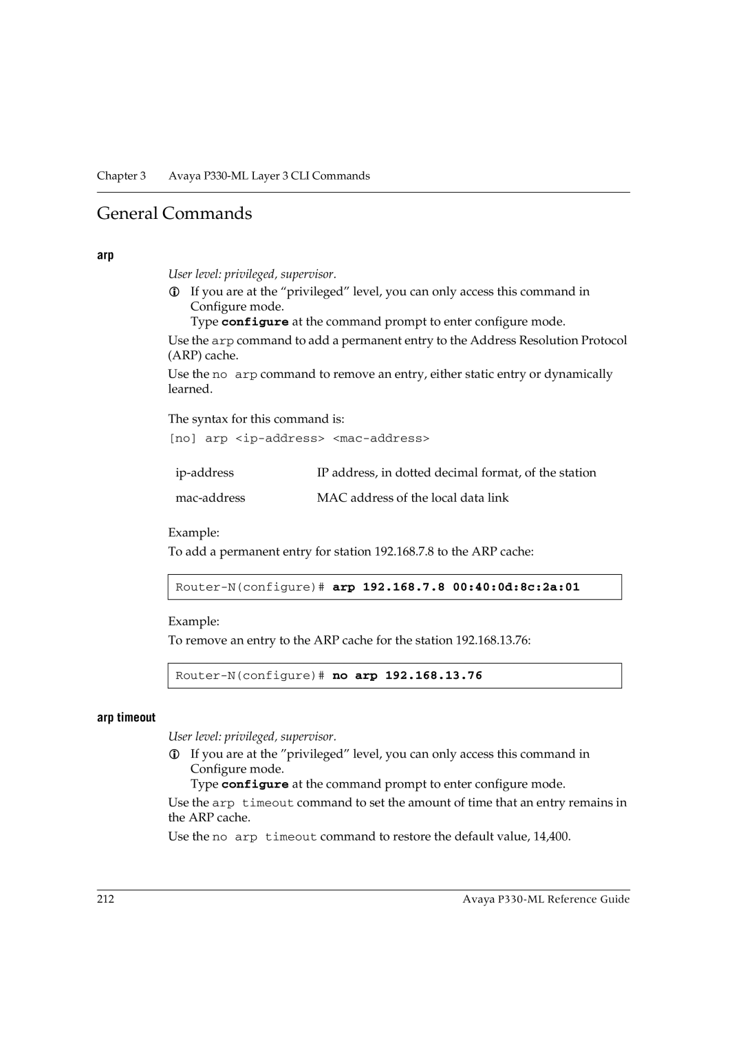 Avaya P330-ML-ML manual Router-Nconfigure#arp 192.168.7.8 00400d8c2a01, Arp timeout 