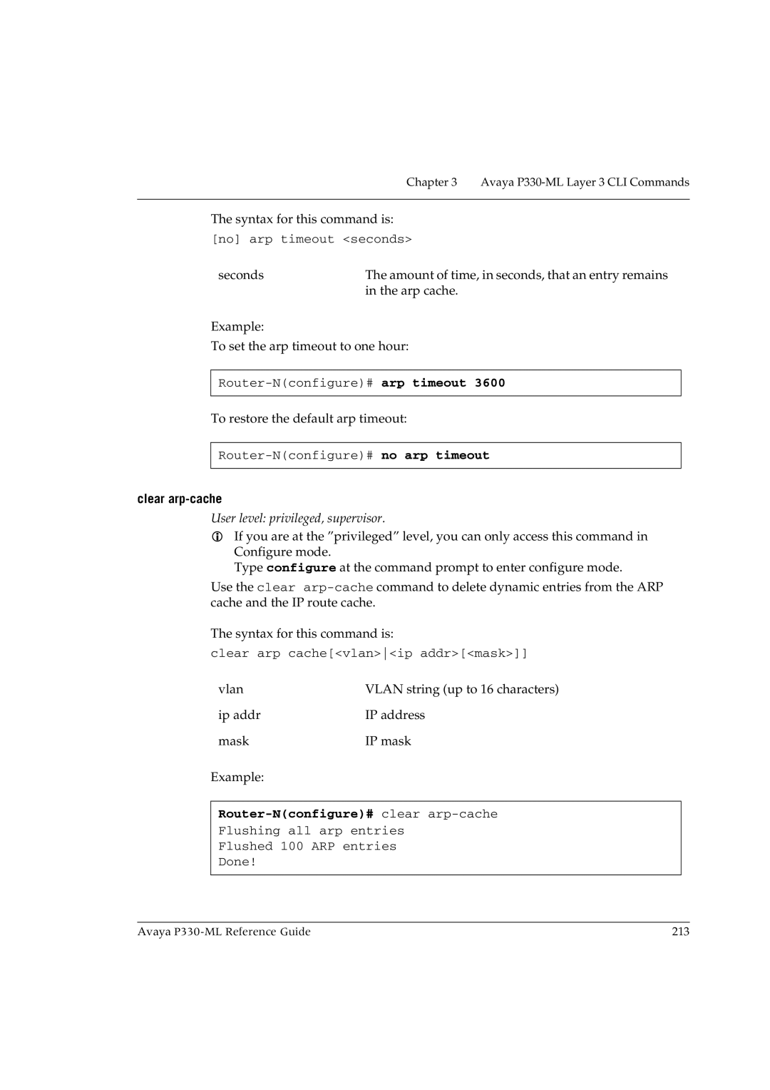 Avaya P330-ML-ML manual Clear arp-cache, Router-Nconfigure# clear arp-cache 