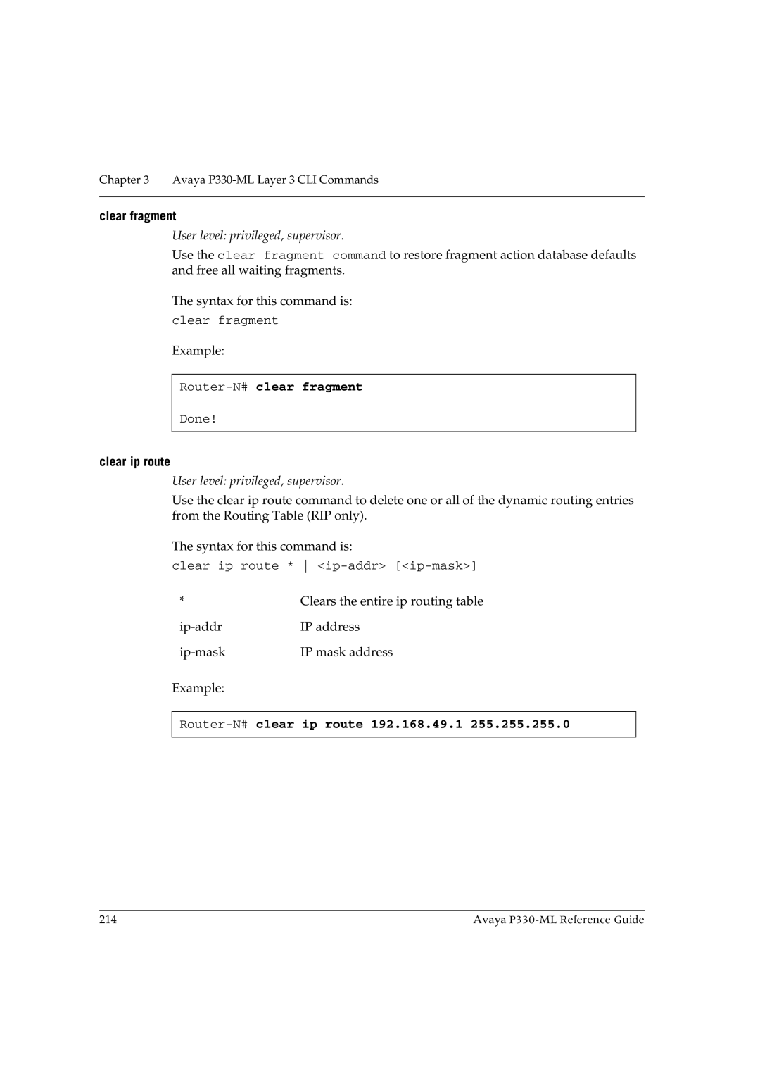 Avaya P330-ML-ML manual Clear fragment, Router-N#clear fragment, Clear ip route, Router-N#clear ip route 192.168.49.1 