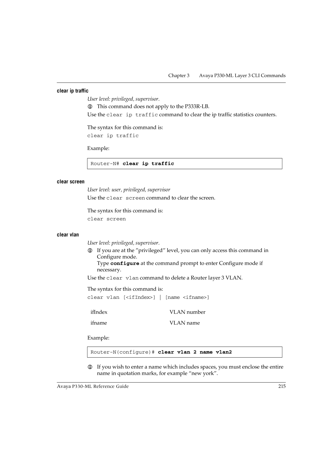 Avaya P330-ML-ML manual Clear ip traffic, Router-N#clear ip traffic, Router-Nconfigure#clear vlan 2 name vlan2 
