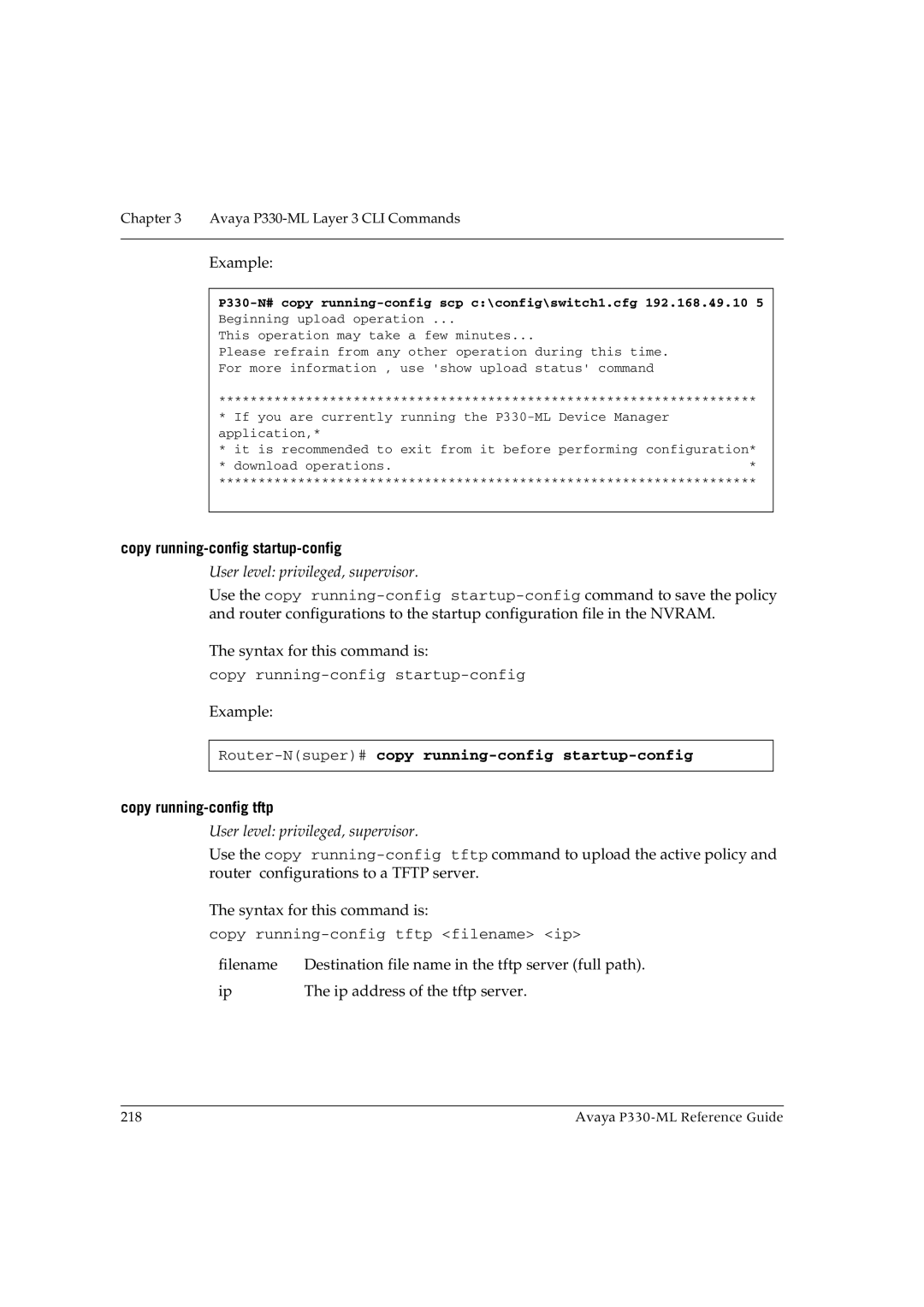 Avaya P330-ML-ML manual Copy running-config startup-config, Router-Nsuper#copy running-config startup-config 