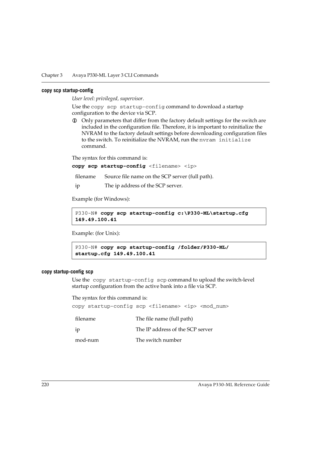 Avaya P330-ML-ML manual P330-N#copy scp startup-config c\P330-ML\startup.cfg 