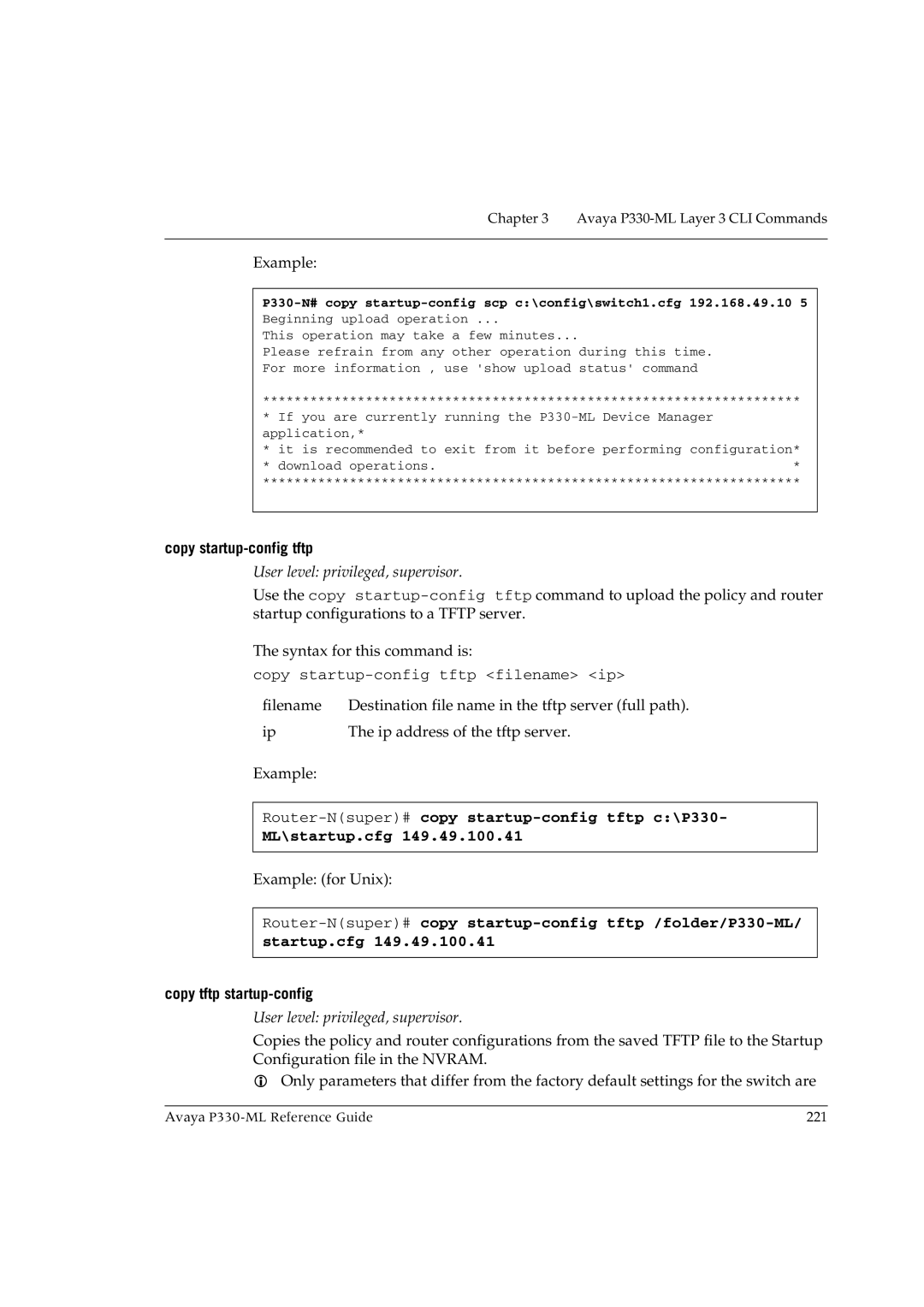 Avaya P330-ML-ML manual Router-Nsuper#copy startup-config tftp c\P330 ML\startup.cfg 