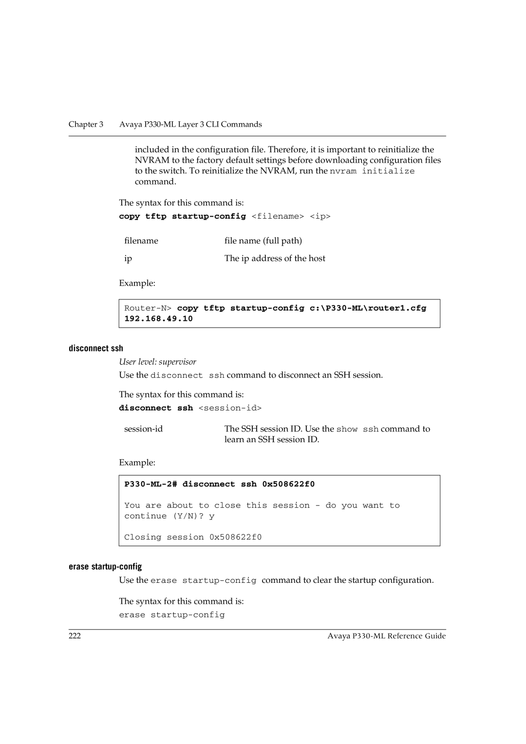 Avaya P330-ML-ML manual Copy tftp startup-config filename ip, Router-Ncopy tftp startup-config c\P330-ML\router1.cfg 