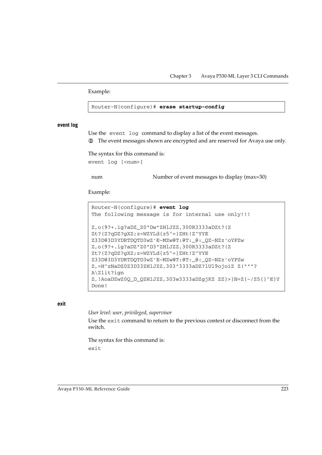 Avaya P330-ML-ML manual Event log, Exit 