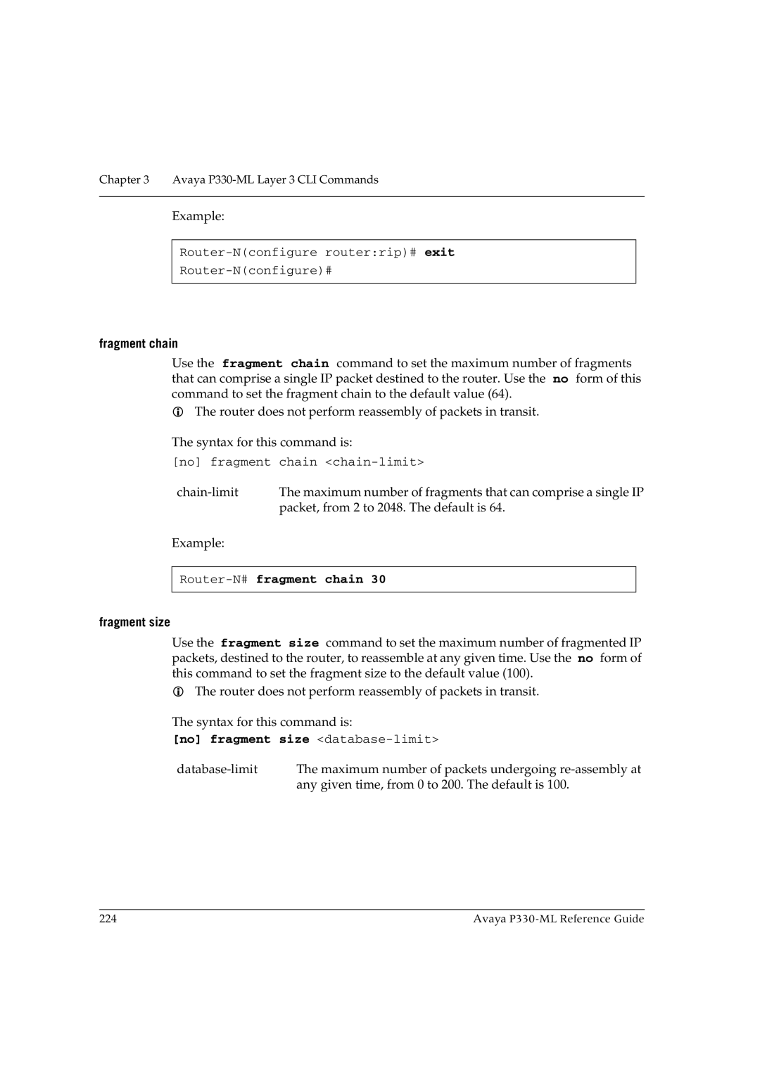 Avaya P330-ML-ML manual Fragment chain, Router-N#fragment chain, Fragment size, No fragment size database-limit 