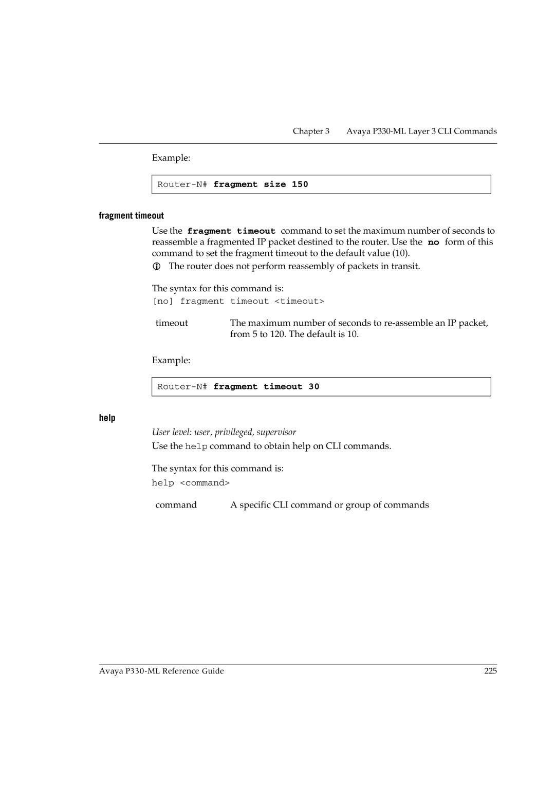 Avaya P330-ML-ML manual Router-N#fragment size, Fragment timeout, Router-N#fragment timeout 