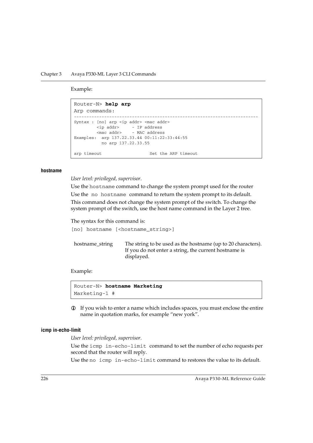 Avaya P330-ML-ML manual Router-Nhostname Marketing, Icmp in-echo-limit 