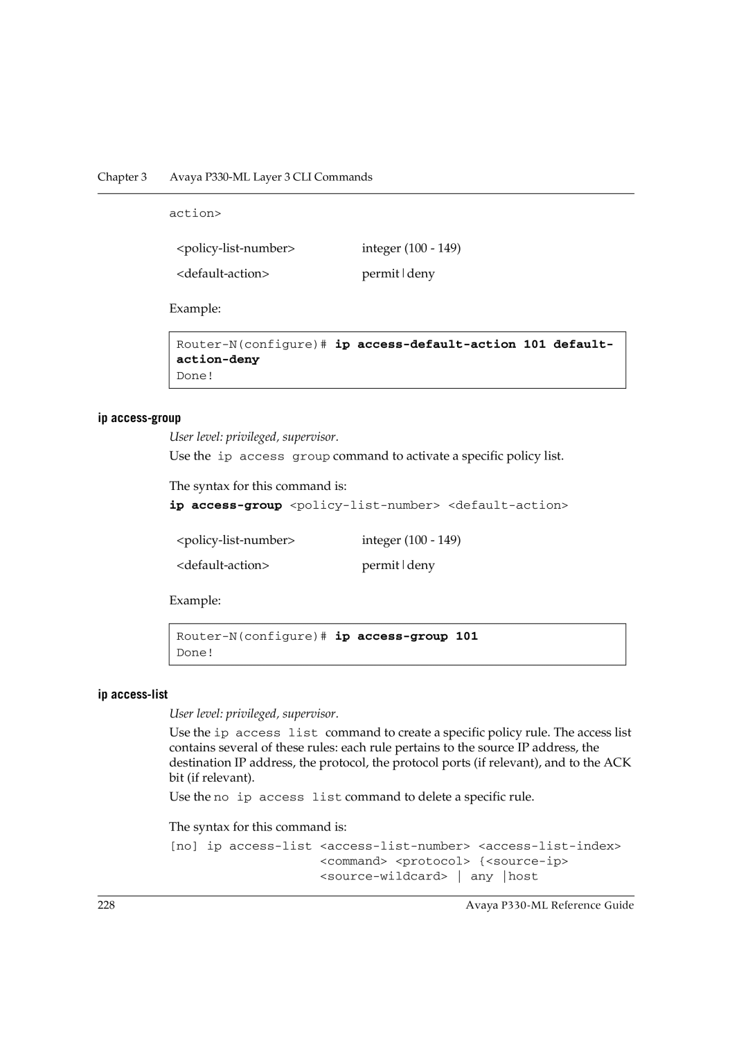 Avaya P330-ML-ML manual Ip access-group, Ip access-list 