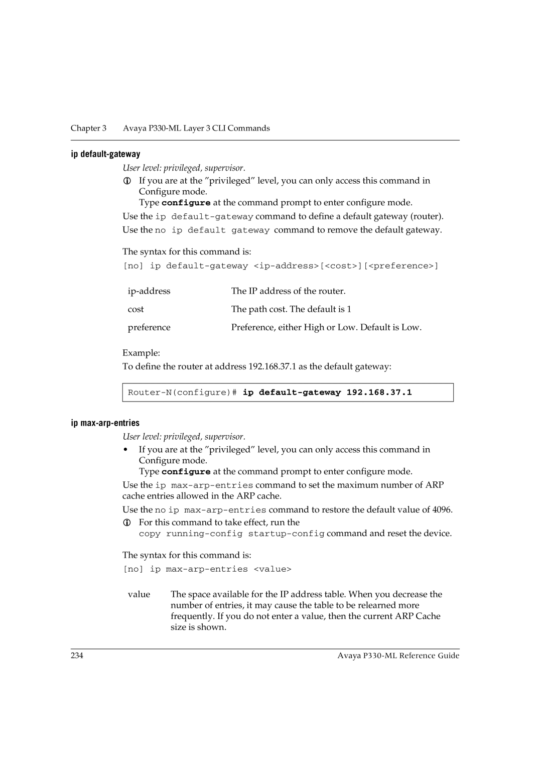 Avaya P330-ML-ML manual Ip default-gateway, Router-Nconfigure#ip default-gateway, Ip max-arp-entries 