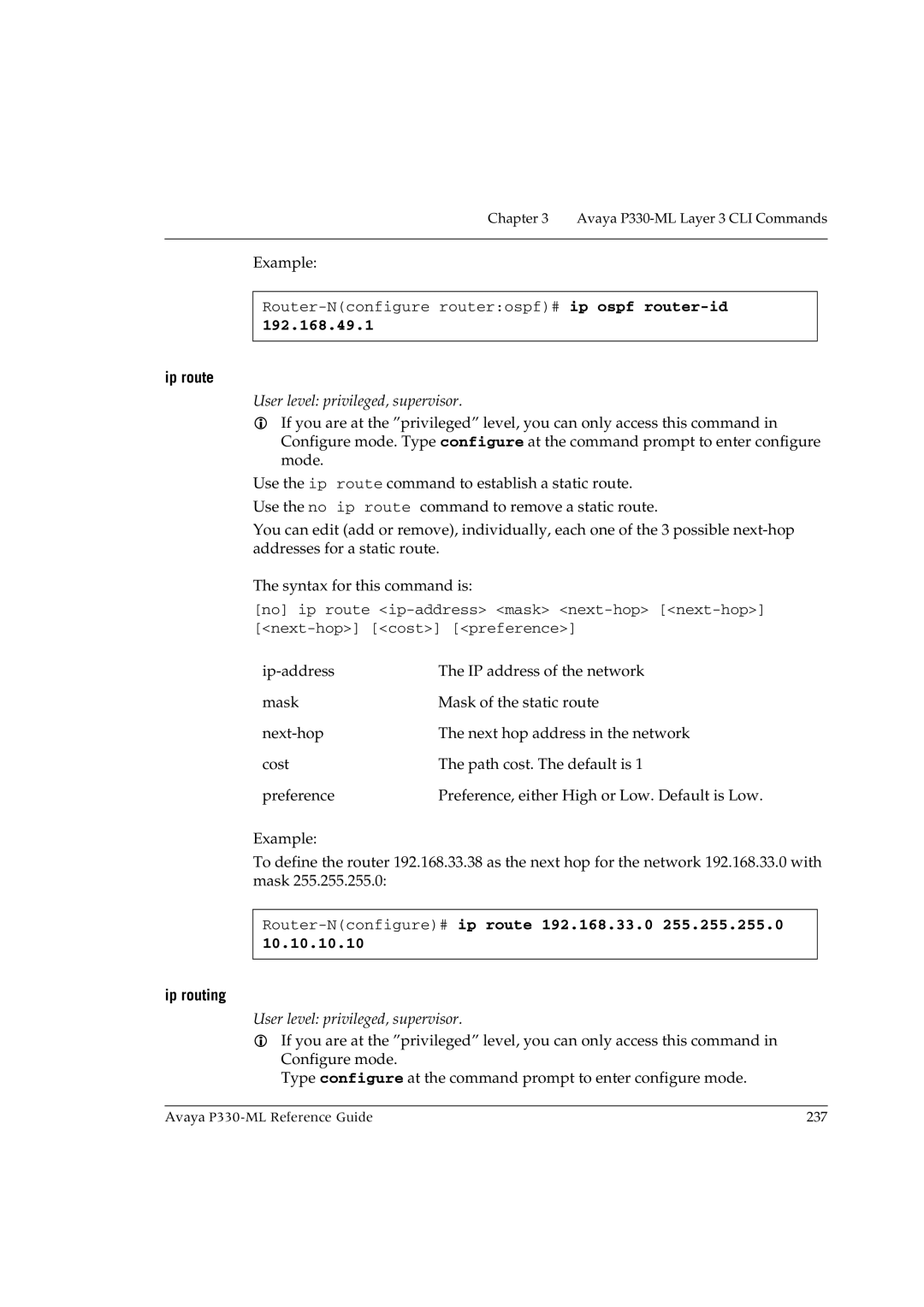 Avaya P330-ML-ML manual 192.168.49.1, Ip route, Router-Nconfigure#ip route 192.168.33.0 255.255.255.0, Ip routing 