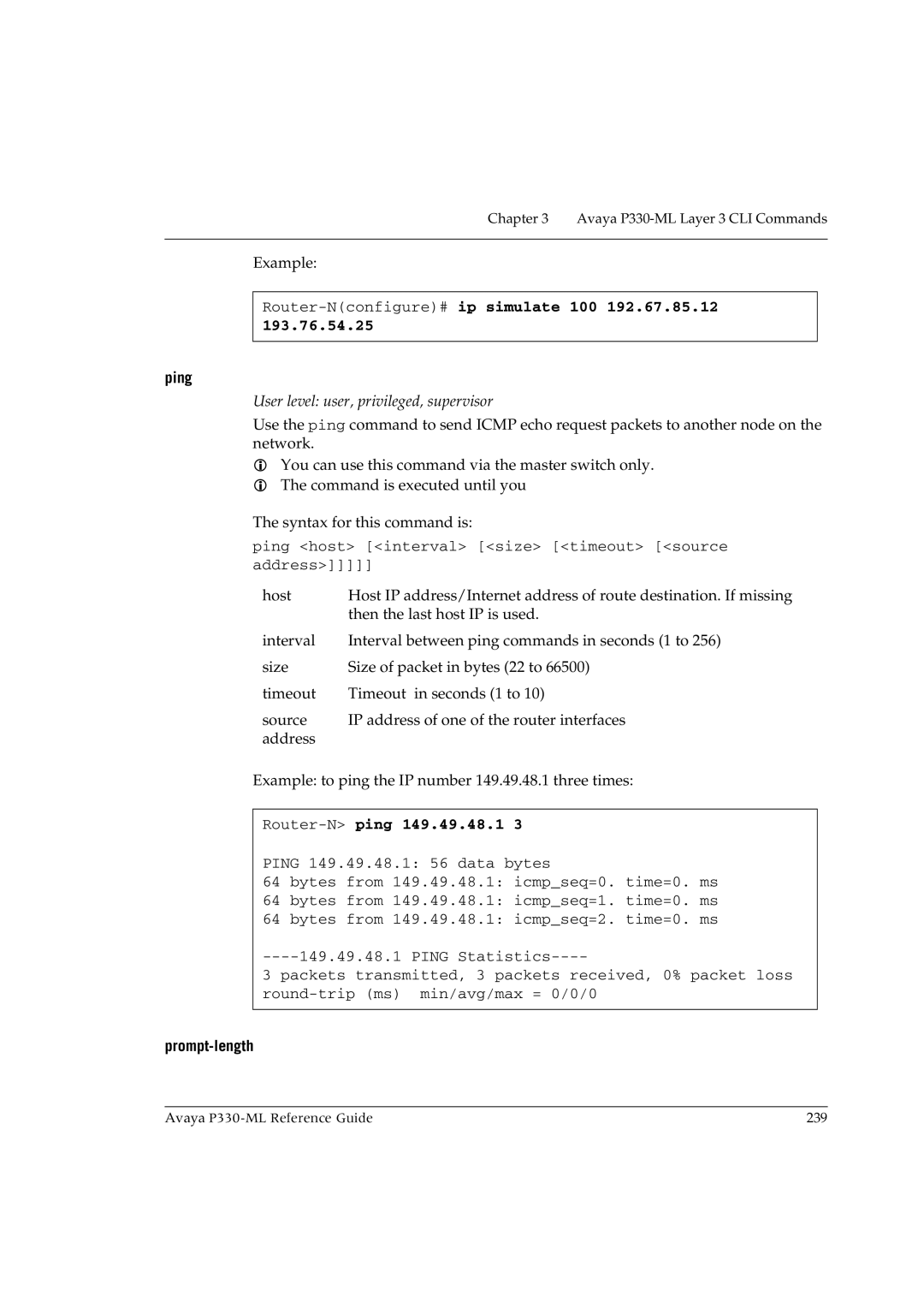 Avaya P330-ML-ML manual Router-Nconfigure#ip simulate 100 192.67.85.12, Router-Nping 149.49.48.1 