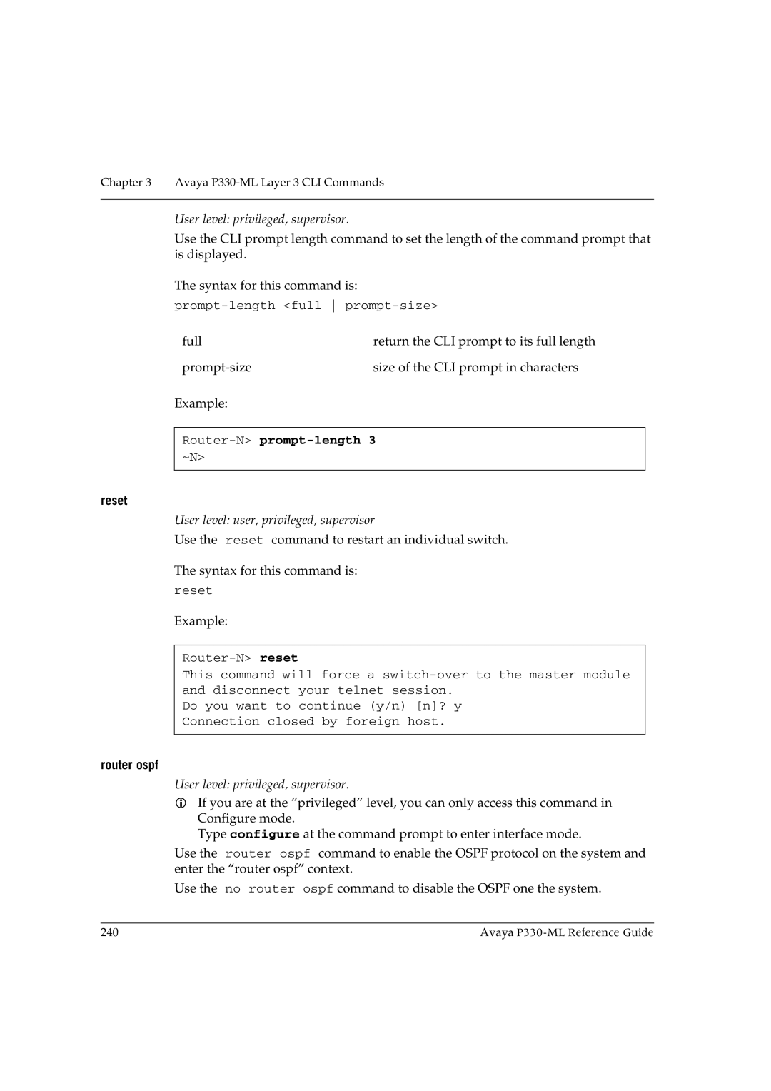 Avaya P330-ML-ML manual Router-Nprompt-length, Router ospf 