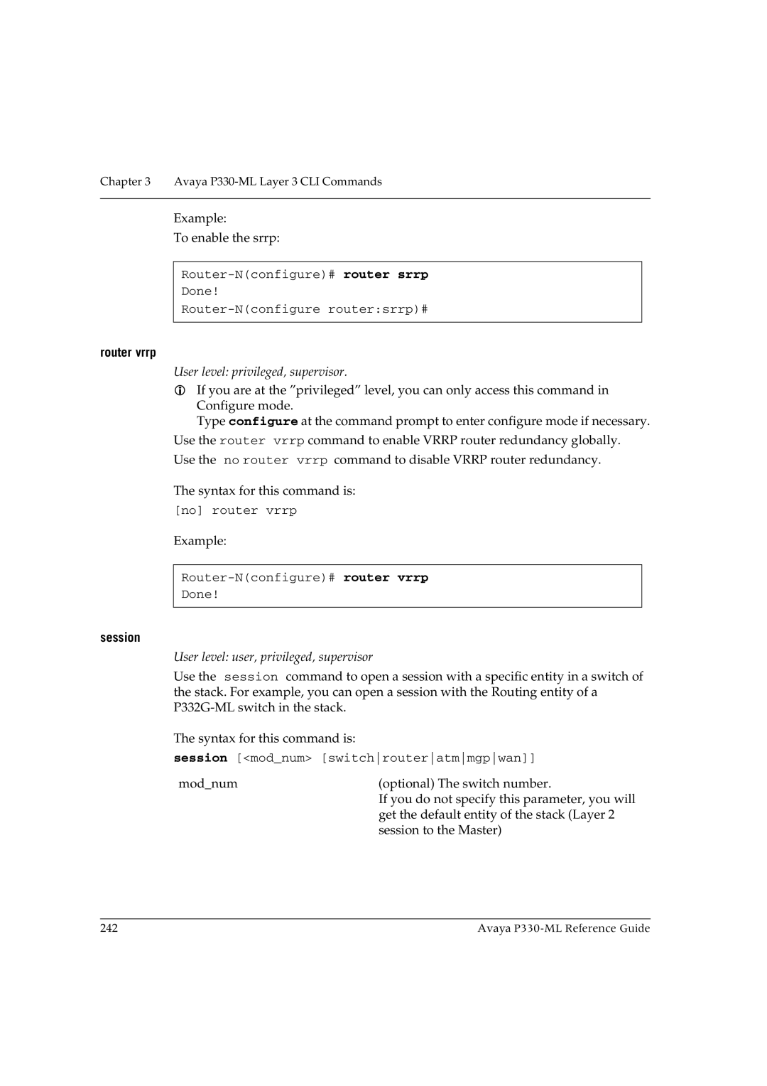 Avaya P330-ML-ML manual Router vrrp, Session 