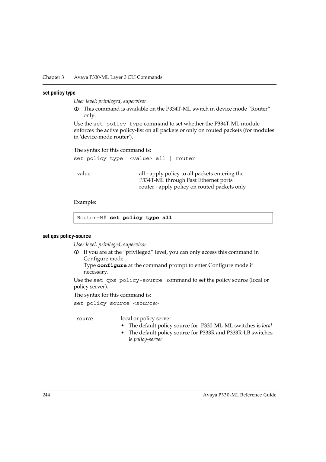 Avaya P330-ML-ML manual Set policy type, Router-N#set policy type all 