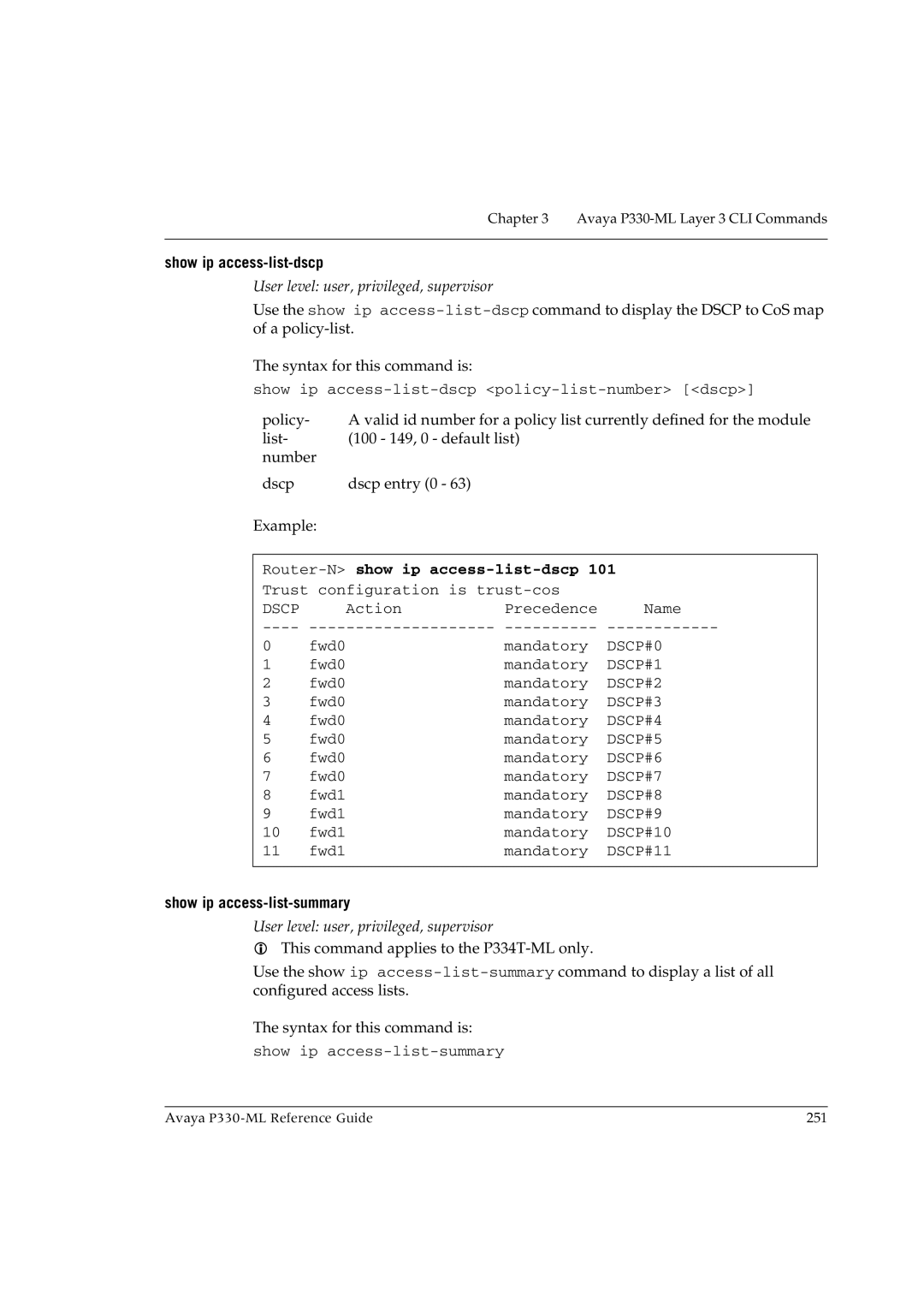 Avaya P330-ML-ML manual Show ip access-list-dscp, Router-N show ip access-list-dscp 