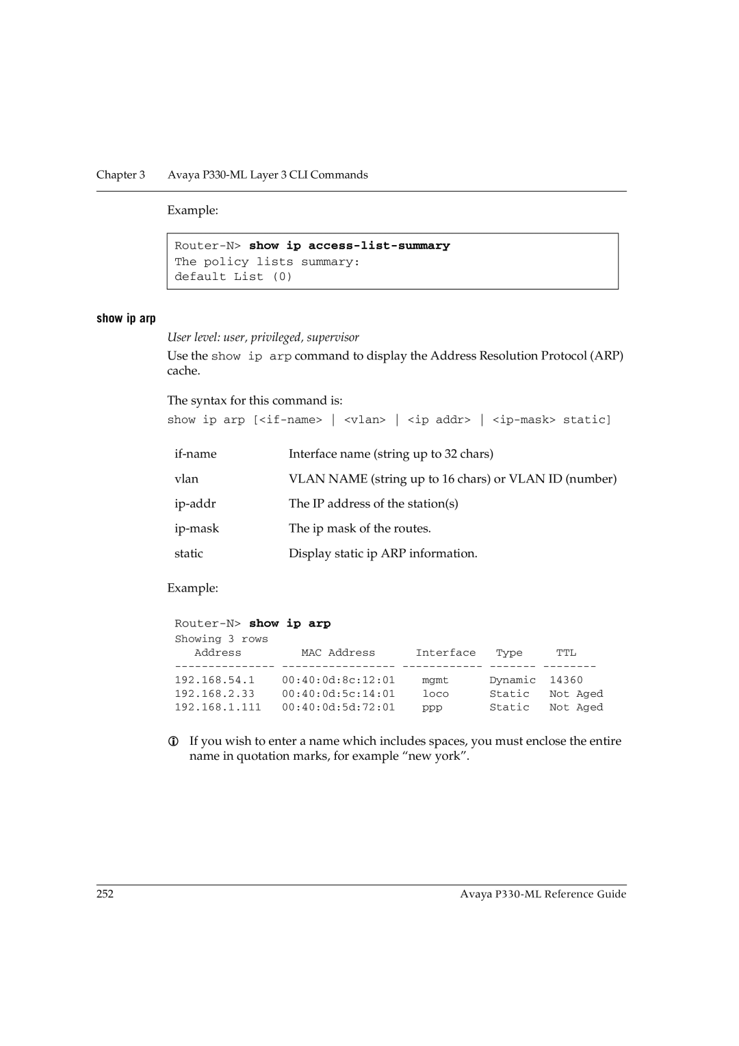 Avaya P330-ML-ML manual Router-Nshow ip access-list-summary, Show ip arp, Router-Nshow ip arp 