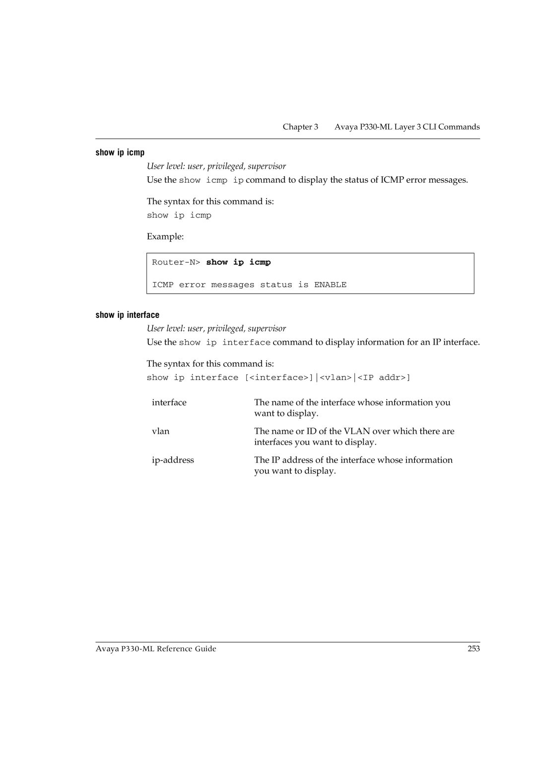 Avaya P330-ML-ML manual Show ip icmp, Router-Nshow ip icmp, Show ip interface 