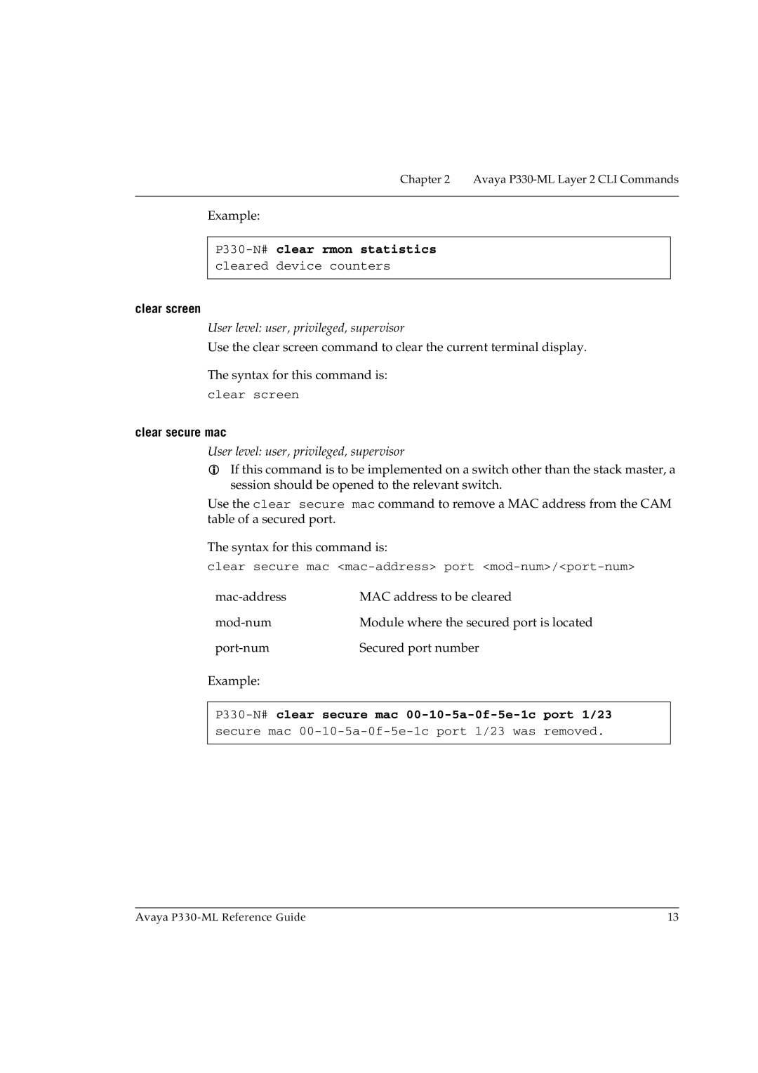 Avaya P330-ML-ML manual P330-N#clear rmon statistics, Clear screen, Clear secure mac 