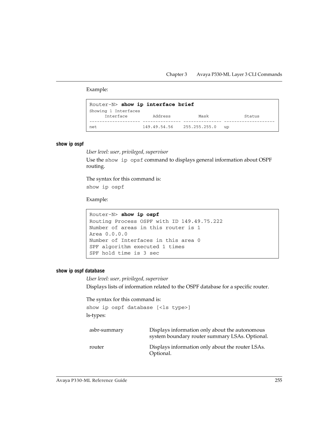 Avaya P330-ML-ML manual Router-Nshow ip interface brief, Router-Nshow ip ospf, Show ip ospf database 