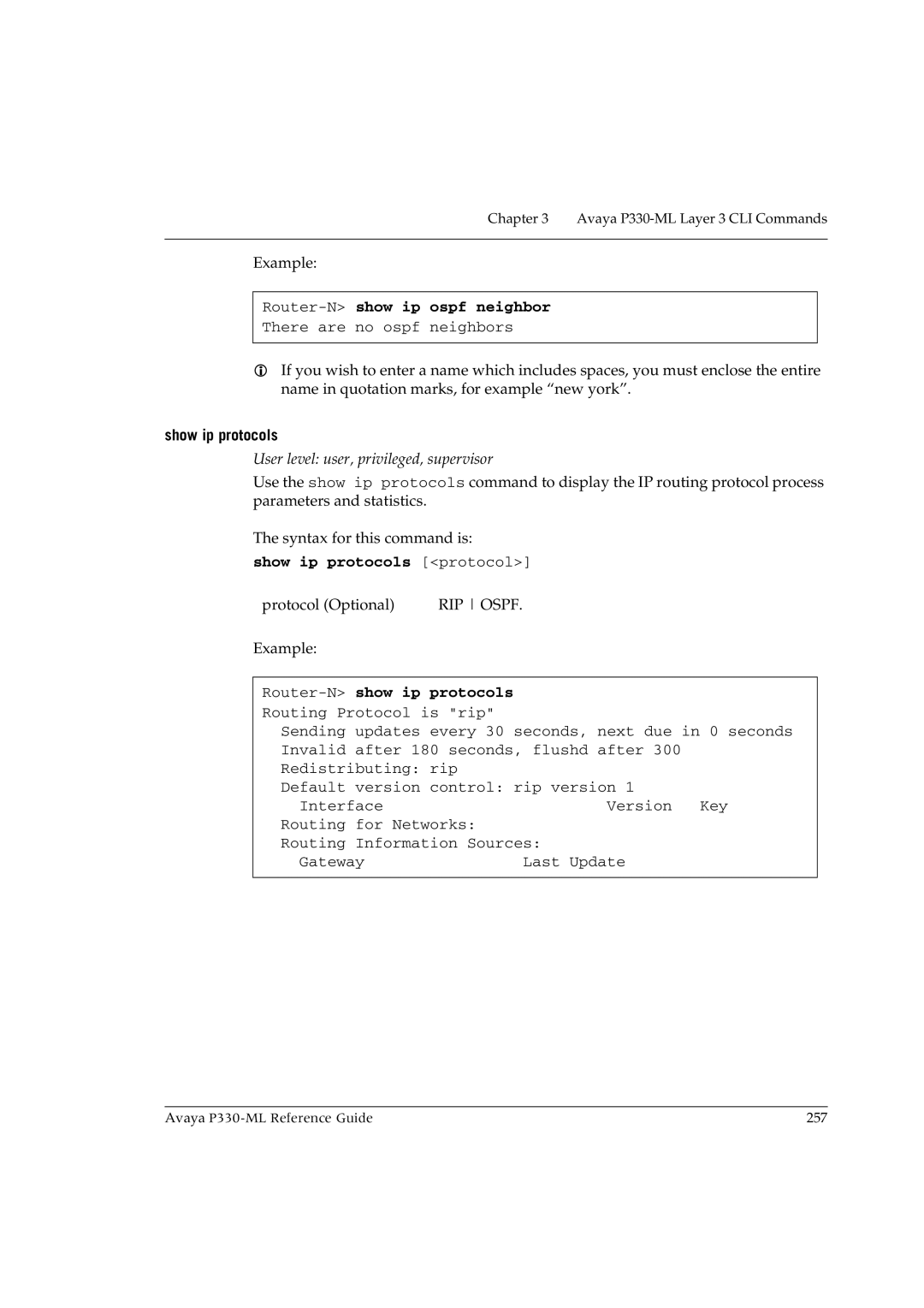 Avaya P330-ML-ML manual Router-Nshow ip ospf neighbor, Show ip protocols protocol 