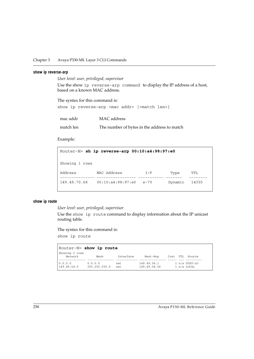 Avaya P330-ML-ML manual Show ip reverse-arp, Router-Nsh ip reverse-arp 0010a49897e0, Router-Nshow ip route 