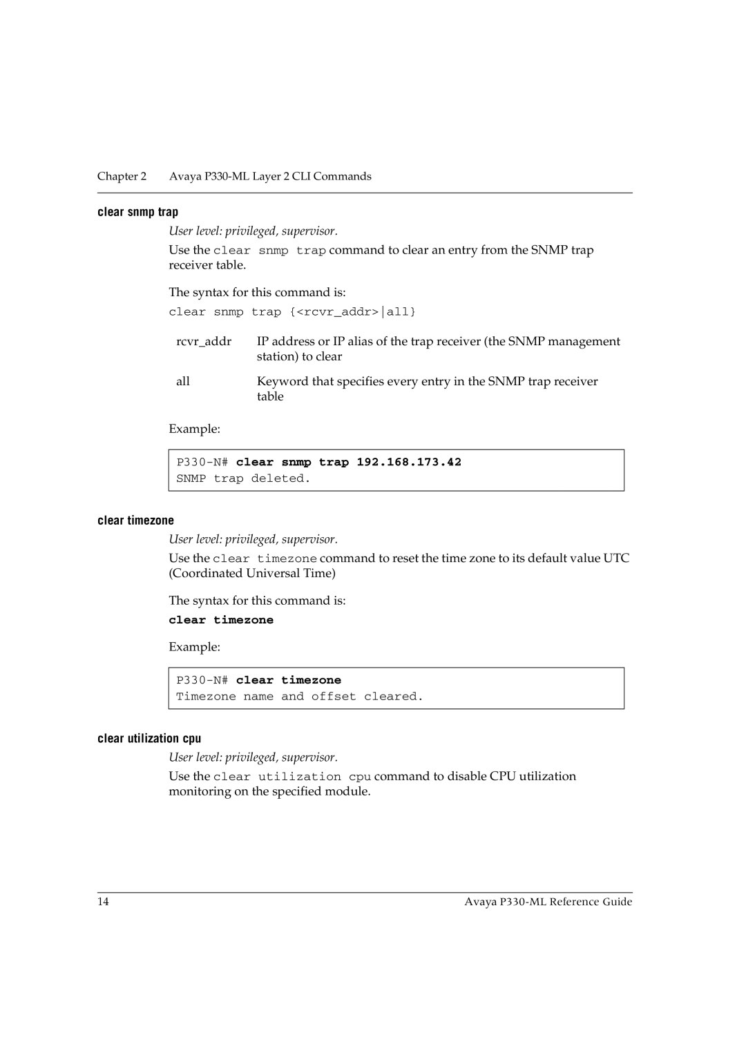 Avaya P330-ML-ML manual P330-N#clear snmp trap, Clear timezone, P330-N#clear timezone 