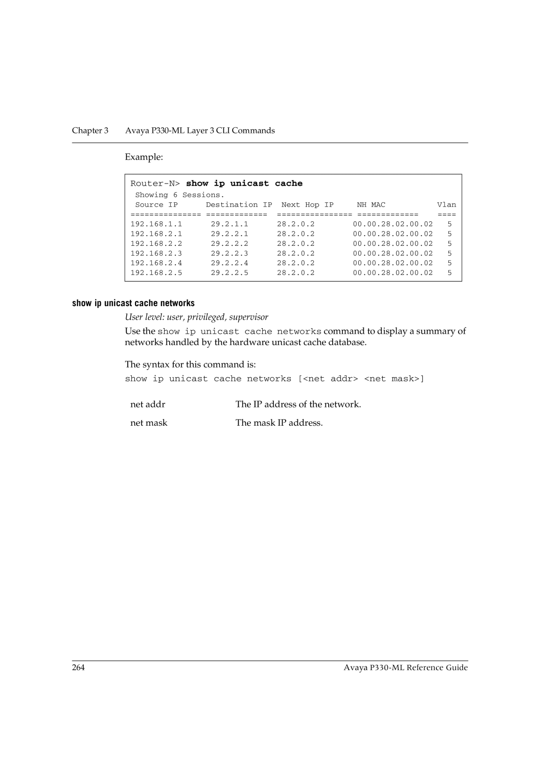 Avaya P330-ML-ML manual Router-Nshow ip unicast cache, Show ip unicast cache networks 