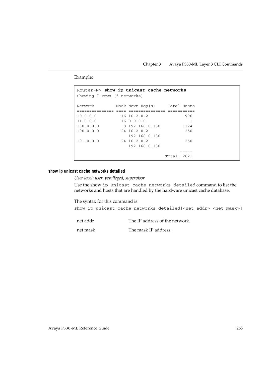 Avaya P330-ML-ML manual Router-Nshow ip unicast cache networks, Show ip unicast cache networks detailed 