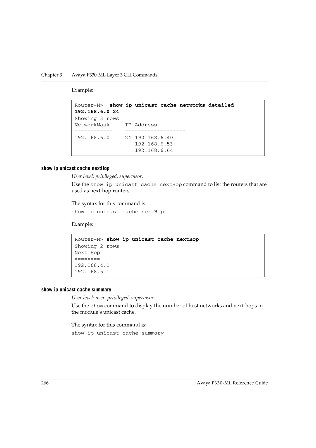 Avaya P330-ML-ML manual Show ip unicast cache networks detailed, 192.168.6.0, Show ip unicast cache nextHop 