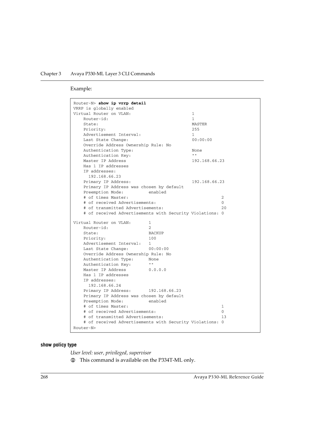 Avaya P330-ML-ML manual Show policy type, Master 