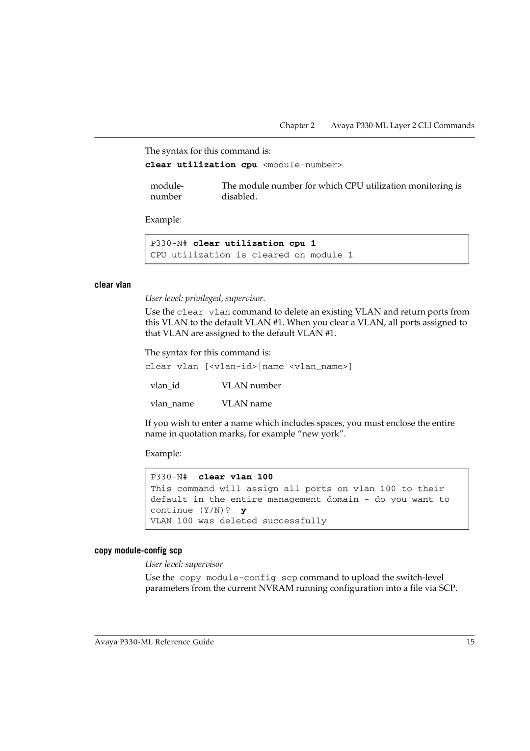 Avaya P330-ML-ML manual Clear utilization cpu module-number, P330-N#clear utilization cpu, Clear vlan, P330-N#clear vlan 