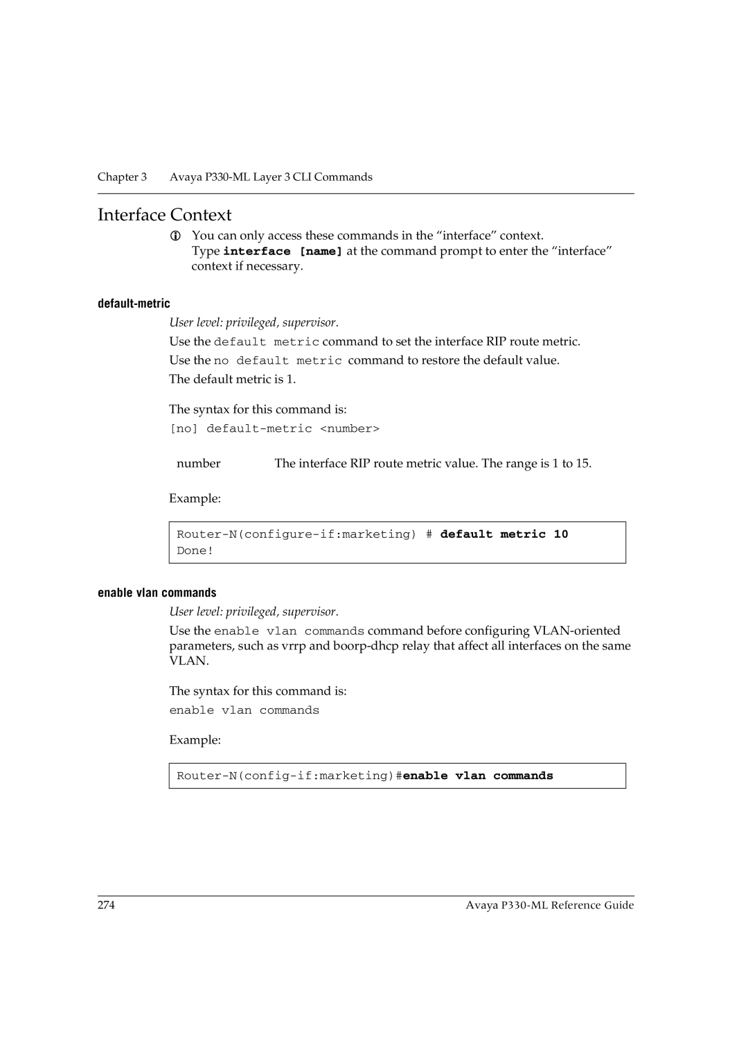 Avaya P330-ML-ML manual Default-metric, Enable vlan commands 