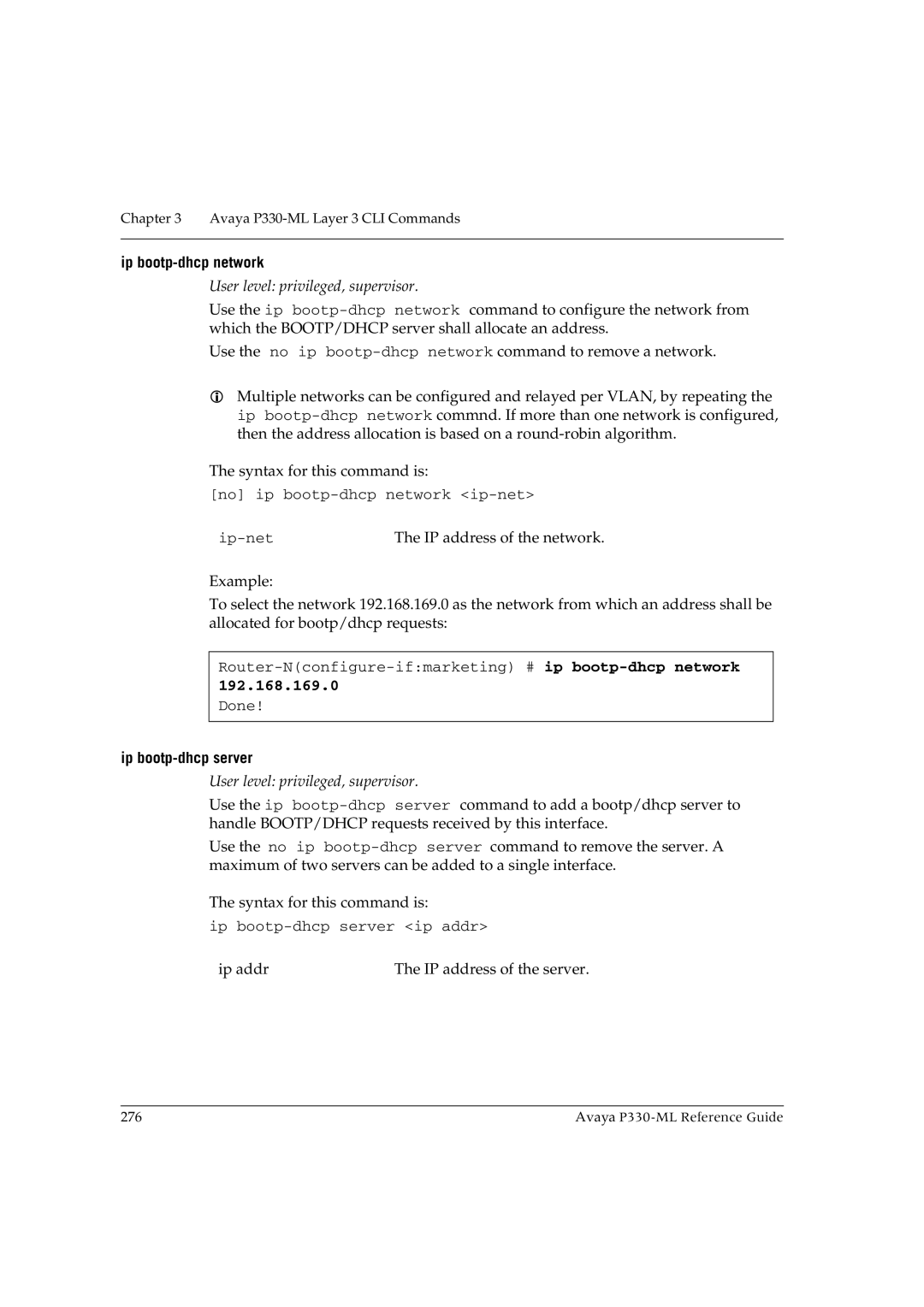 Avaya P330-ML-ML manual Ip bootp-dhcp network, 192.168.169.0, Ip bootp-dhcp server 