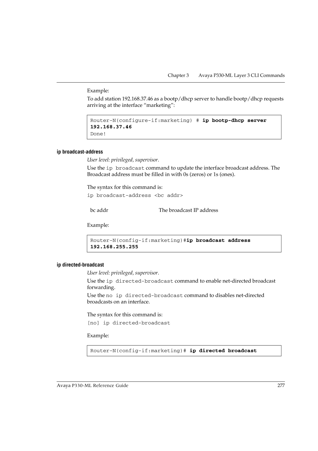 Avaya P330-ML-ML manual 192.168.37.46, Ip broadcast-address, 192.168.255.255, Ip directed-broadcast 