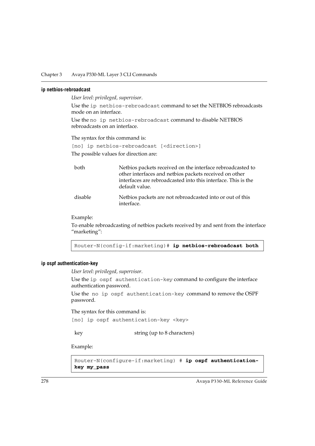 Avaya P330-ML-ML manual Ip netbios-rebroadcast, Ip ospf authentication-key, Key mypass 