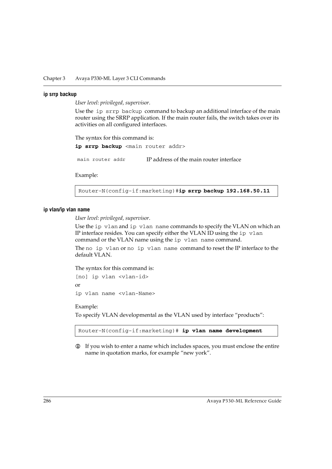 Avaya P330-ML-ML manual Ip srrp backup, Ip vlan/ip vlan name 