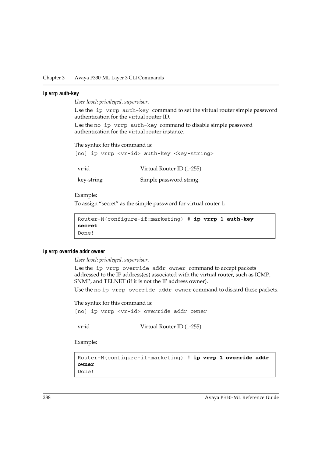 Avaya P330-ML-ML manual Ip vrrp auth-key, Secret, Ip vrrp override addr owner, Owner 