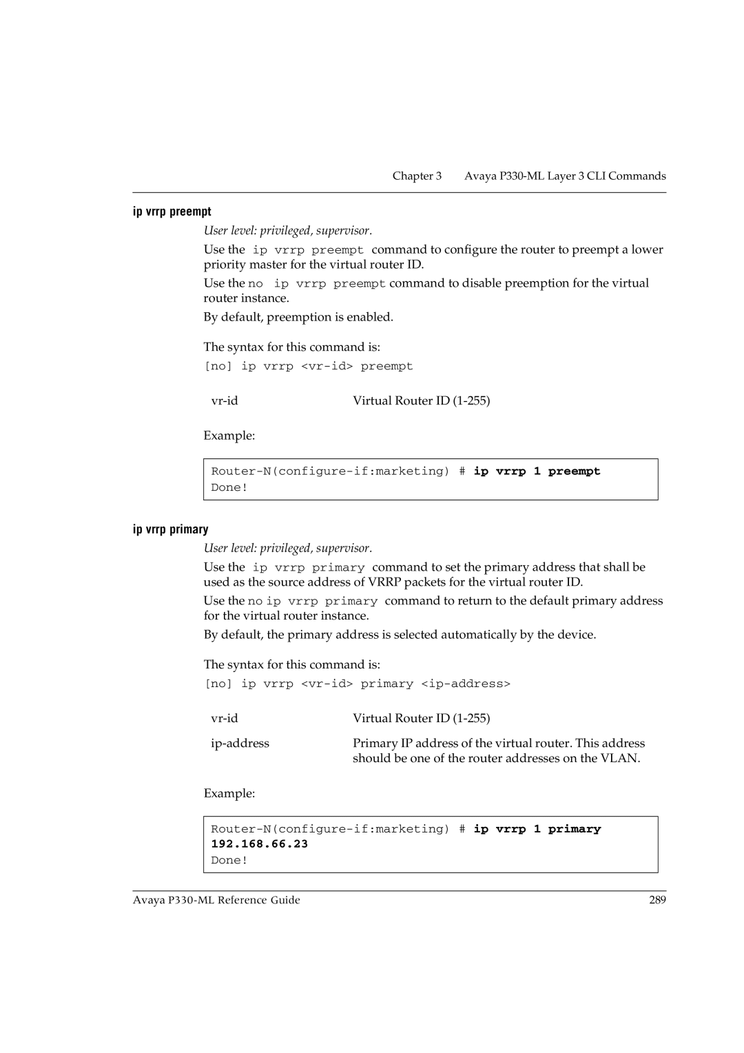 Avaya P330-ML-ML manual Ip vrrp preempt, Ip vrrp primary, 192.168.66.23 