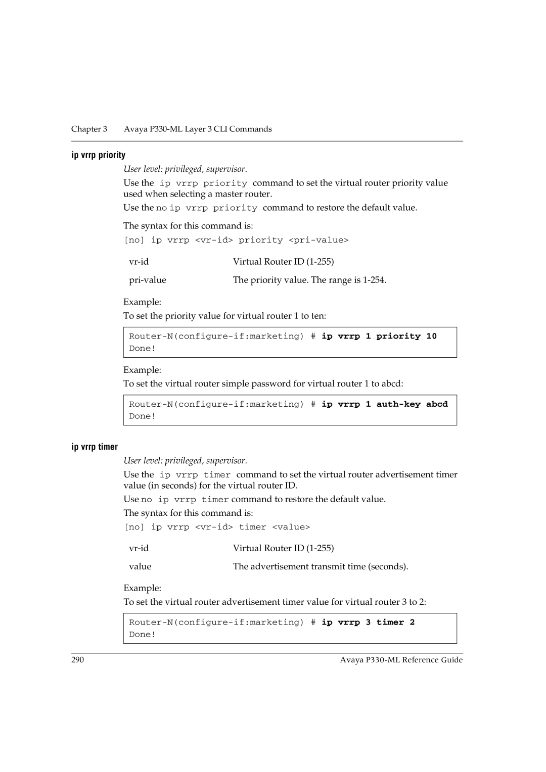 Avaya P330-ML-ML manual Ip vrrp priority, Ip vrrp timer 