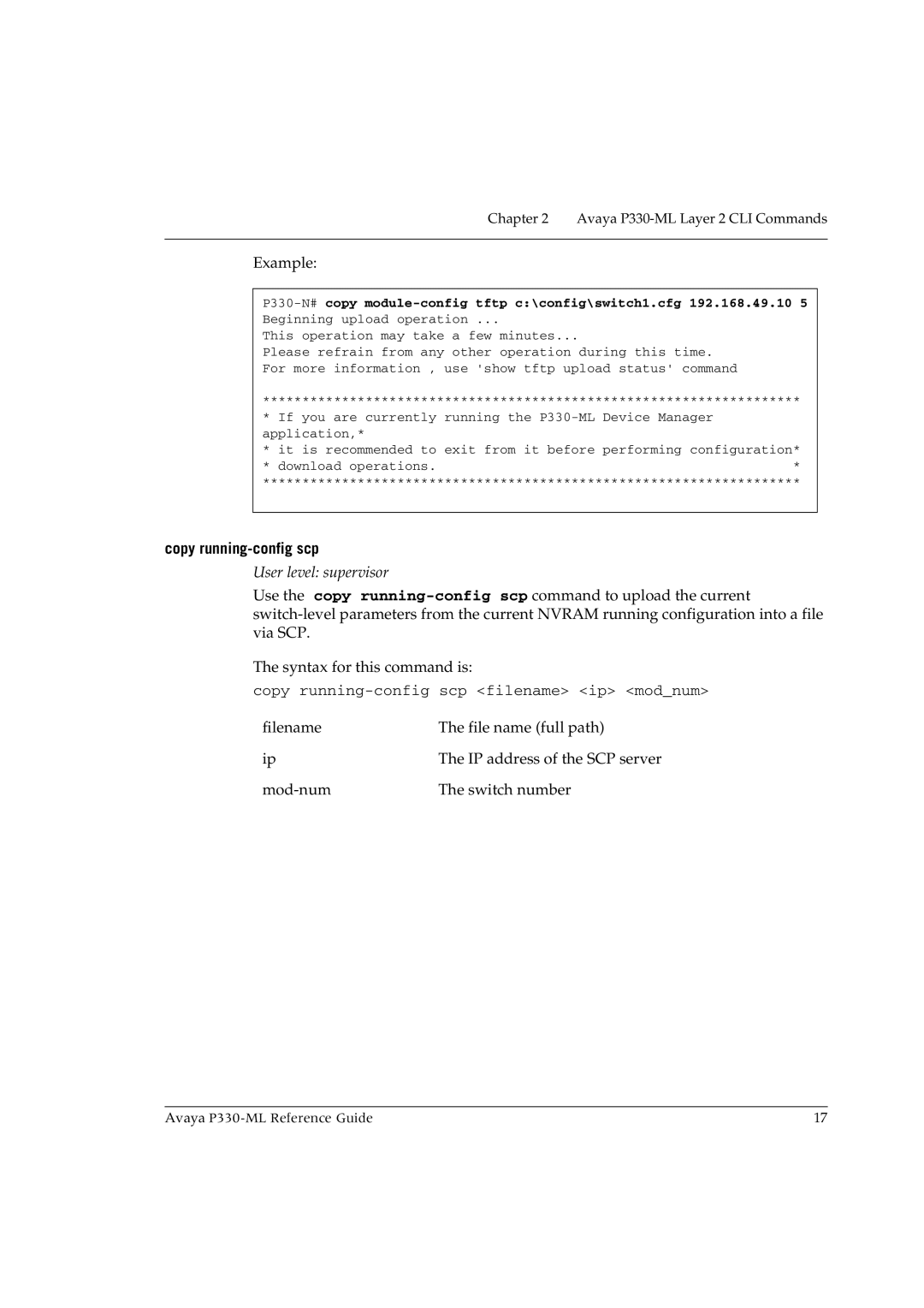 Avaya P330-ML-ML manual Copy running-config scp 