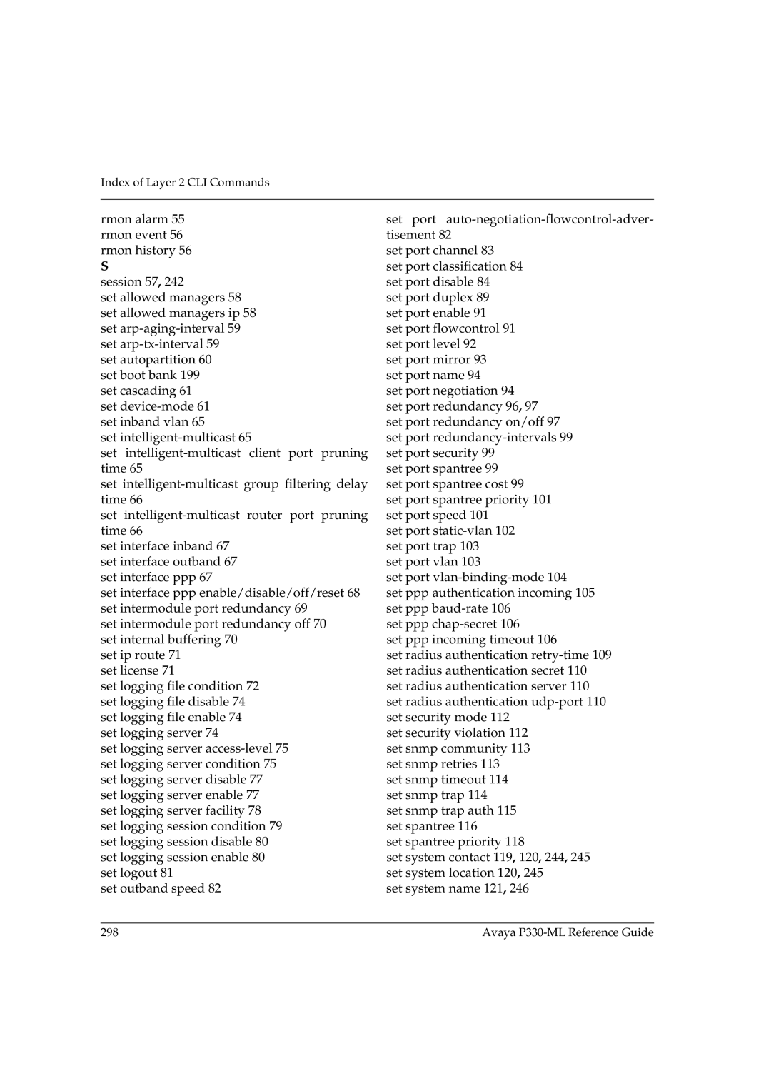 Avaya P330-ML-ML manual Index of Layer 2 CLI Commands 