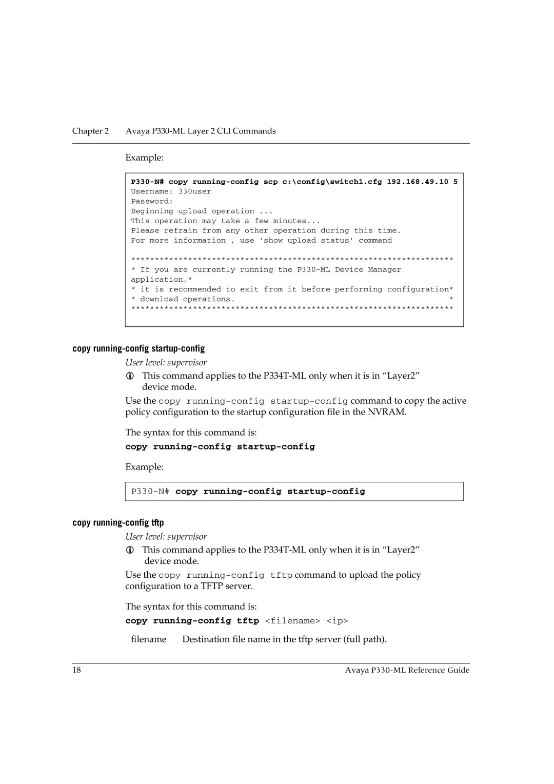 Avaya P330-ML-ML Copy running-config startup-config, P330-N#copy running-config startup-config, Copy running-config tftp 