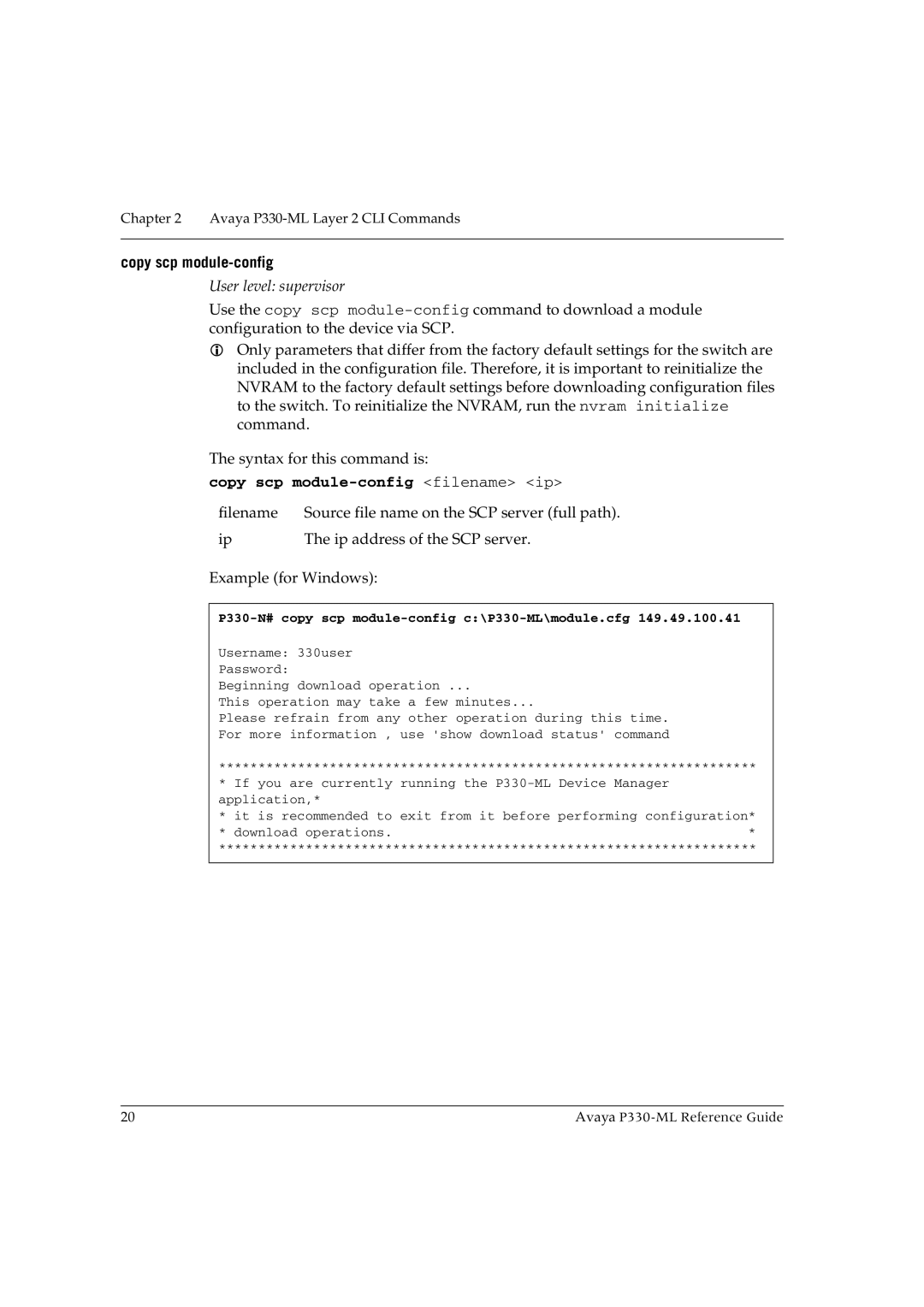 Avaya P330-ML-ML manual Copy scp module-config filename ip 