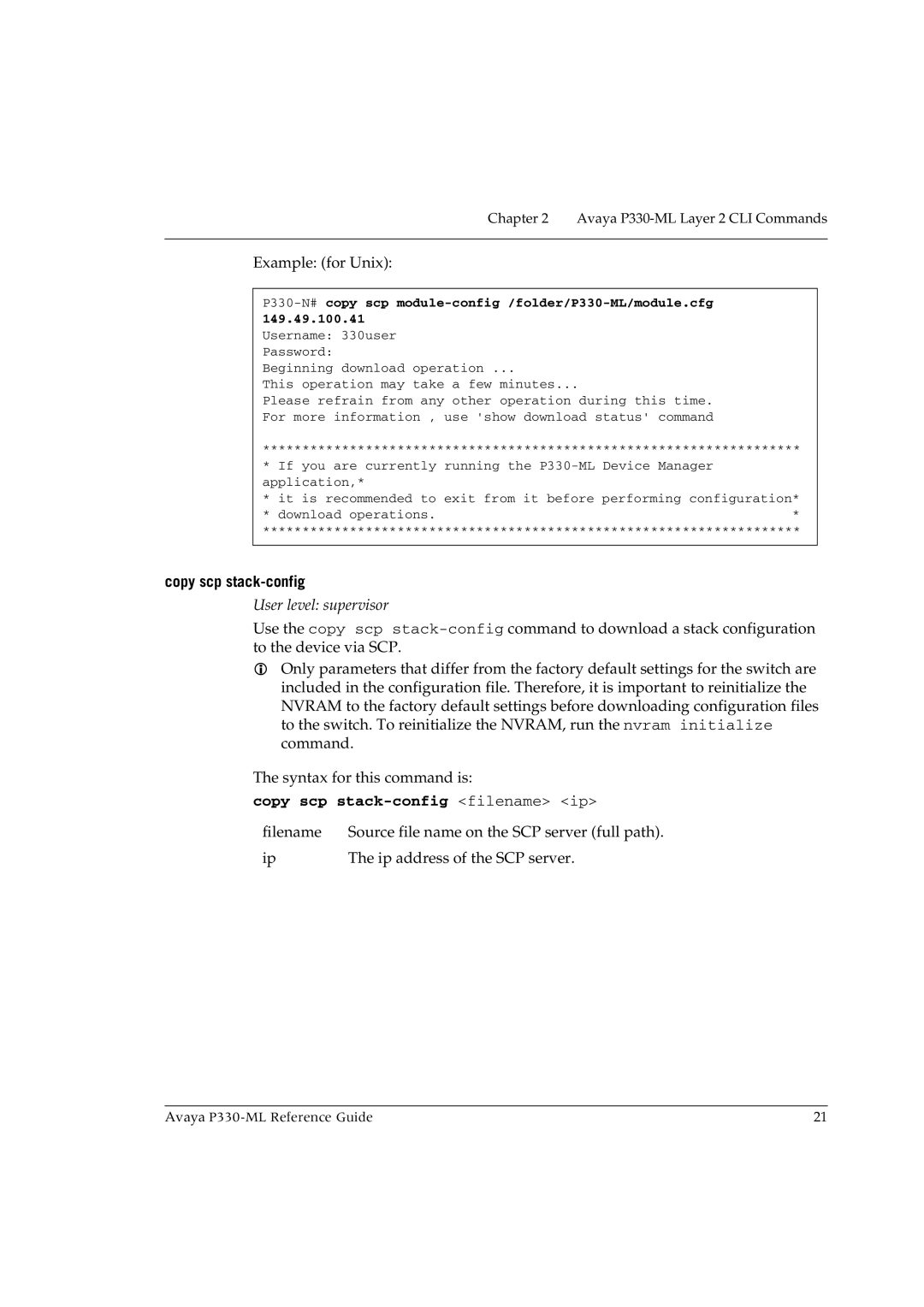 Avaya P330-ML-ML manual Copy scp stack-config filename ip 